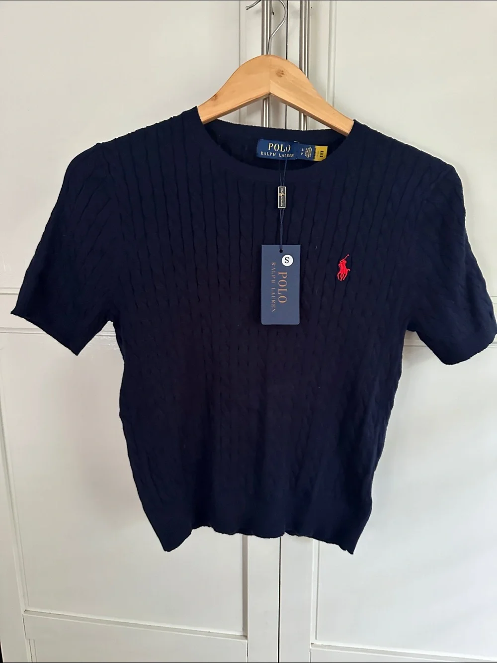 NWT Polo Ralph Lauren Women’s Cable Knit Short Sleeve Sweater Navy Blue PSmall
